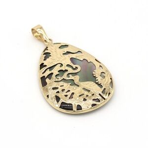 Vintage 14K Solid Gold Mother of Pearl Bird Floral Openwork Pendant 1.75''